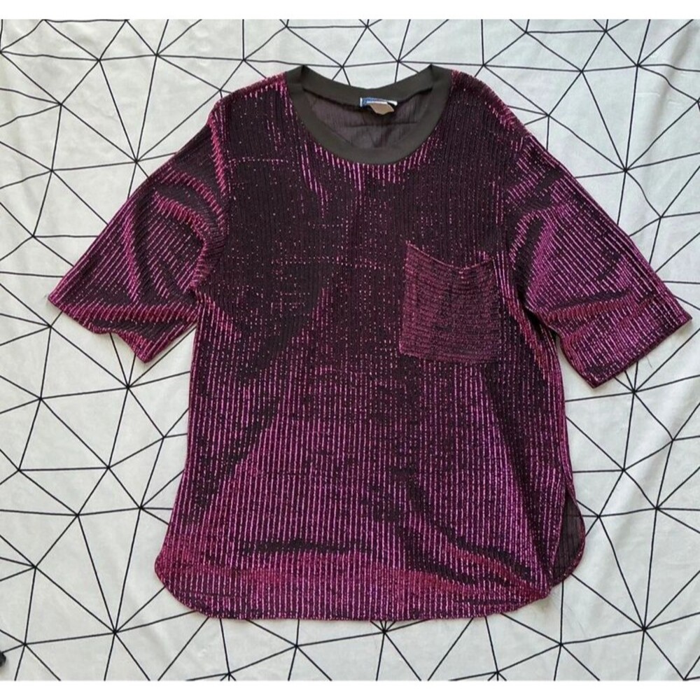 Metallic knit top usa made pink black sparkle glam boxy fit
